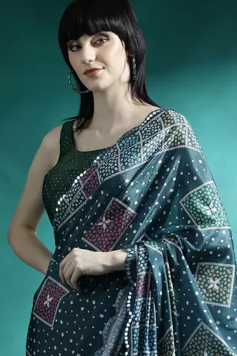 Teal printed & embroidered saree with blouse