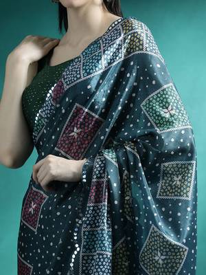 Teal printed & embroidered saree with blouse 5