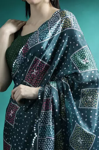 Teal printed & embroidered saree with blouse