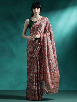 Red printed & embroidered chinon digital print saree with blouse 1