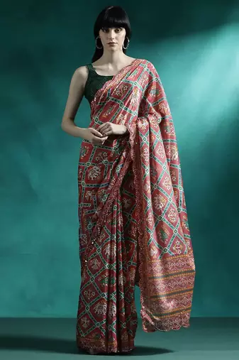 Red printed & embroidered chinon digital print saree with blouse
