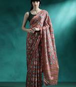 Red printed & embroidered chinon digital print saree with blouse