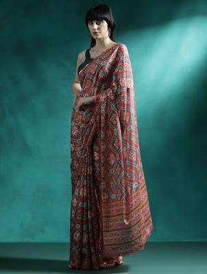 Red printed & embroidered chinon digital print saree with blouse 2