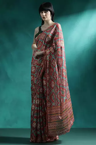 Red printed & embroidered chinon digital print saree with blouse