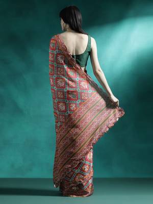 Red printed & embroidered chinon digital print saree with blouse 3