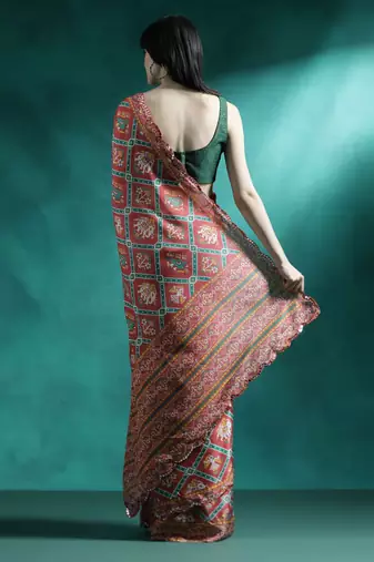 Red printed & embroidered chinon digital print saree with blouse