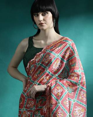 Red printed & embroidered chinon digital print saree with blouse 4