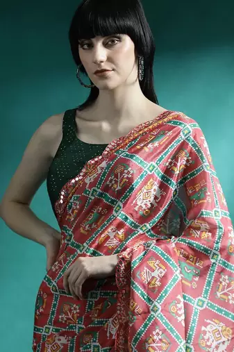 Red printed & embroidered chinon digital print saree with blouse