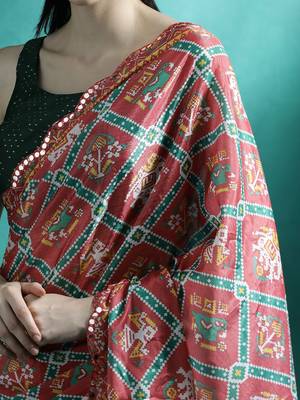 Red printed & embroidered chinon digital print saree with blouse 5