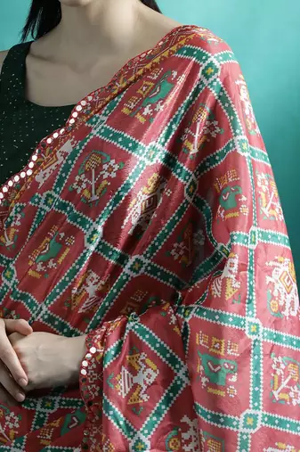 Red printed & embroidered chinon digital print saree with blouse