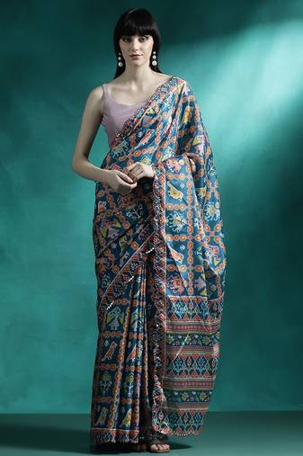 Orange printed & embroidered gotta patti poly chiffon saree