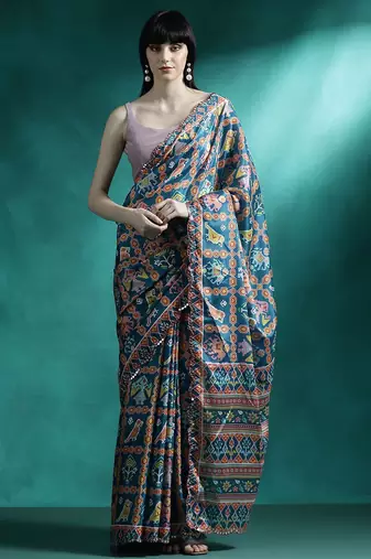 Orange printed & embroidered gotta patti poly chiffon saree