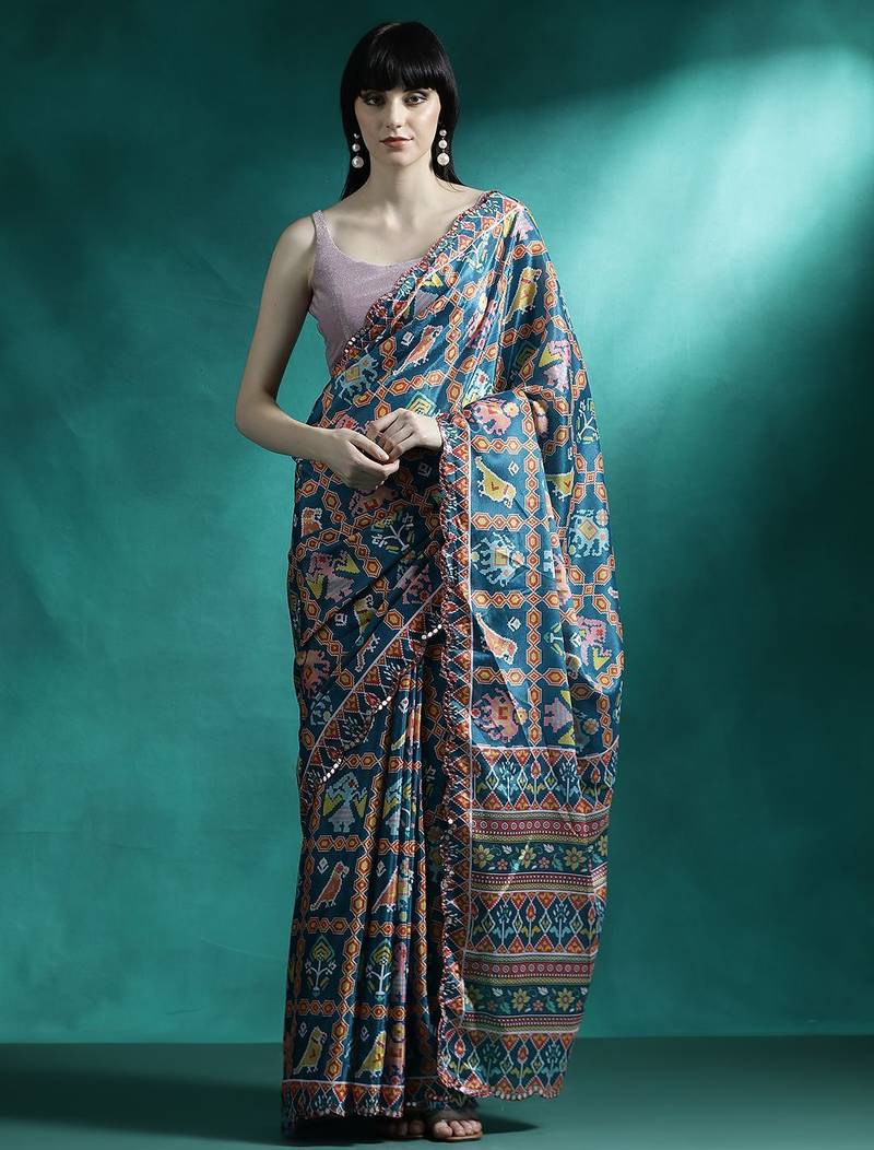 Orange printed & embroidered gotta patti poly chiffon saree