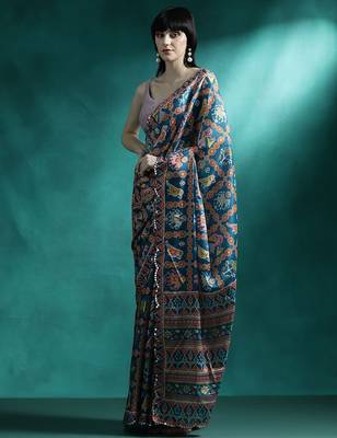 Orange printed & embroidered gotta patti poly chiffon saree 2