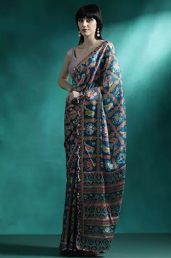 Orange printed & embroidered gotta patti poly chiffon saree