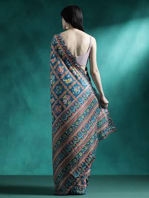Orange printed & embroidered gotta patti poly chiffon saree 3