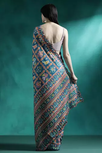 Orange printed & embroidered gotta patti poly chiffon saree