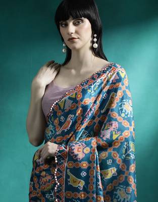 Orange printed & embroidered gotta patti poly chiffon saree 4