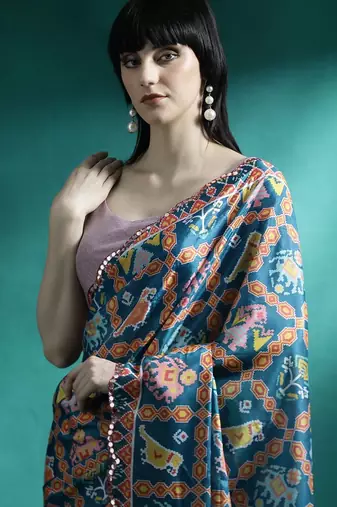 Orange printed & embroidered gotta patti poly chiffon saree