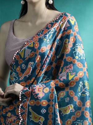 Orange printed & embroidered gotta patti poly chiffon saree 5