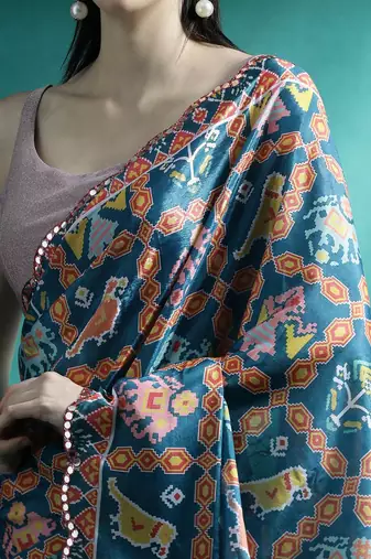Orange printed & embroidered gotta patti poly chiffon saree
