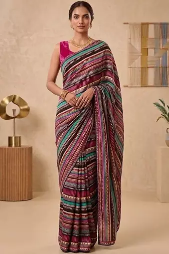 Black women multicolor printed pre draped saree
