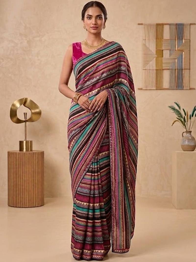 Black women multicolor printed pre draped saree