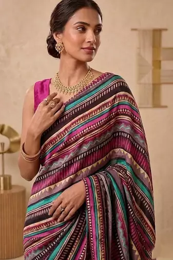 Black women multicolor printed pre draped saree