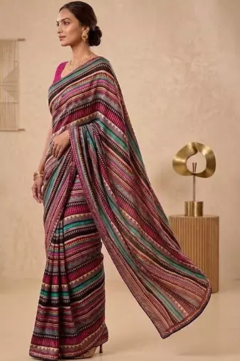 Black women multicolor printed pre draped saree