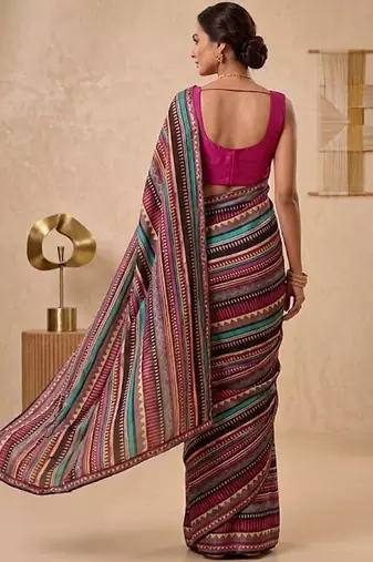 Black women multicolor printed pre draped saree