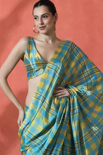 Blue satin checked digital printed saree ready to wear saree