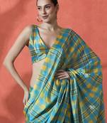 Blue satin checked digital printed saree ready to wear saree