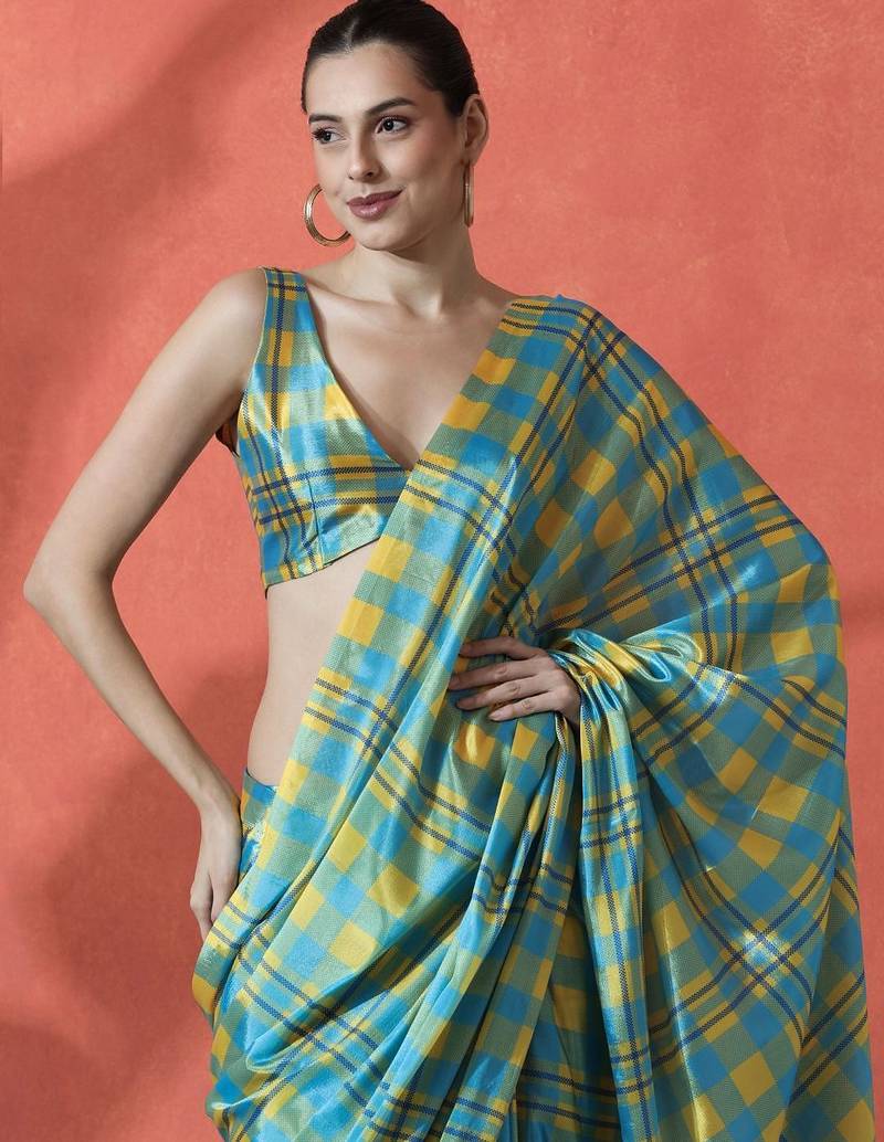 Blue satin checked digital printed saree ready to wear saree