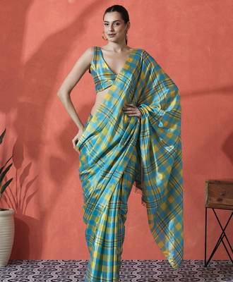 Blue satin checked digital printed saree ready to wear saree 2