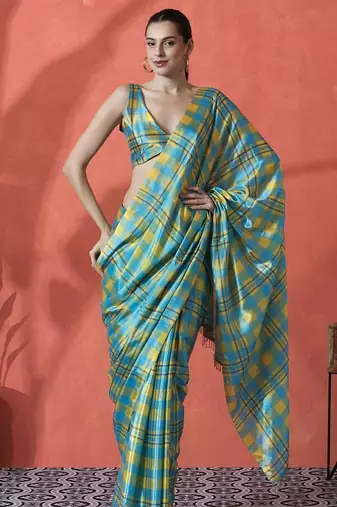 Blue satin checked digital printed saree ready to wear saree