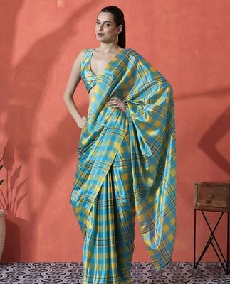 Blue satin checked digital printed saree ready to wear saree 3