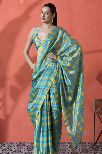 Blue satin checked digital printed saree ready to wear saree