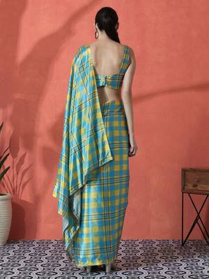 Blue satin checked digital printed saree ready to wear saree 4