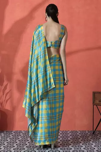 Blue satin checked digital printed saree ready to wear saree
