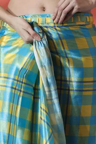 Blue satin checked digital printed saree ready to wear saree
