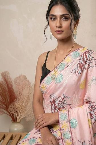 Pink women pink ocean themed printed pre draped saree