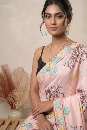 Pink women pink ocean themed printed pre draped saree