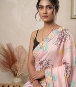 Pink women pink ocean themed printed pre draped saree