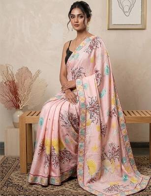 Pink women pink ocean themed printed pre draped saree 2