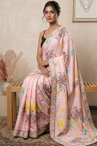 Pink women pink ocean themed printed pre draped saree