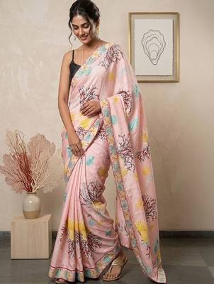 Pink women pink ocean themed printed pre draped saree 3