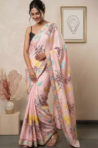 Pink women pink ocean themed printed pre draped saree