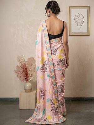 Pink women pink ocean themed printed pre draped saree 4