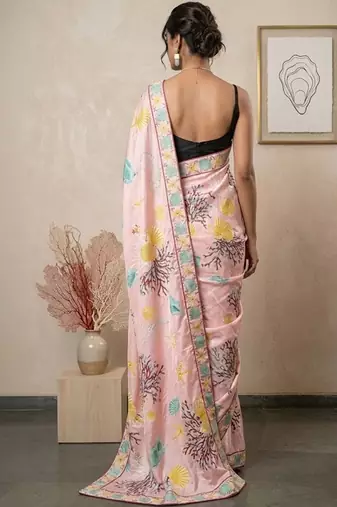 Pink women pink ocean themed printed pre draped saree