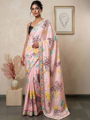 Pink women pink ocean themed printed pre draped saree 5